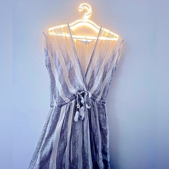 blue island Dresses & Skirts - New Blue Island Silver White Wrap Maxi Dress Striped Glitter V Neck Spring